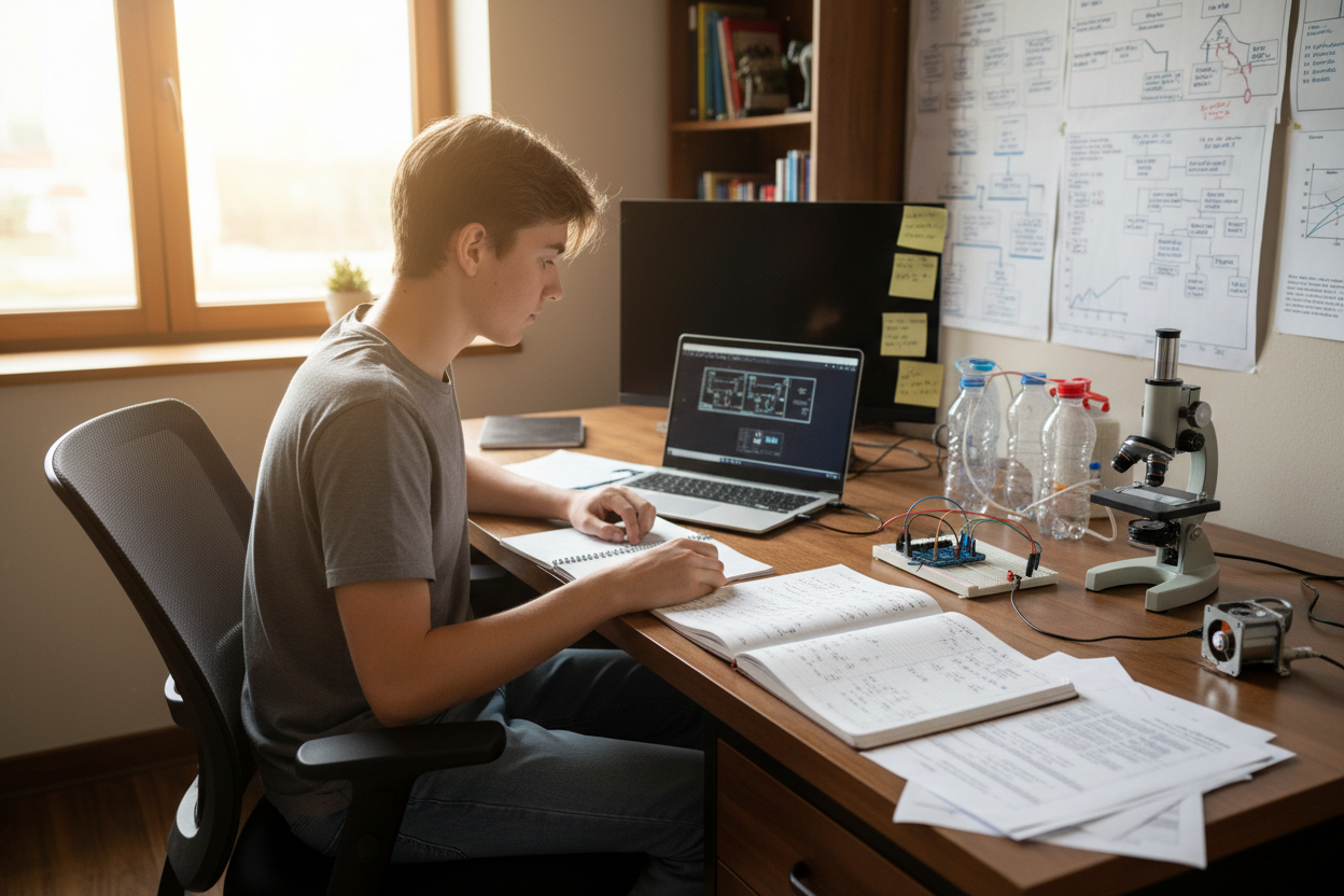 This is too involved. Since high school students don't typically have access to expensive research equipment or spaces, remake this image to reflect a more typical research experience of a high school boy